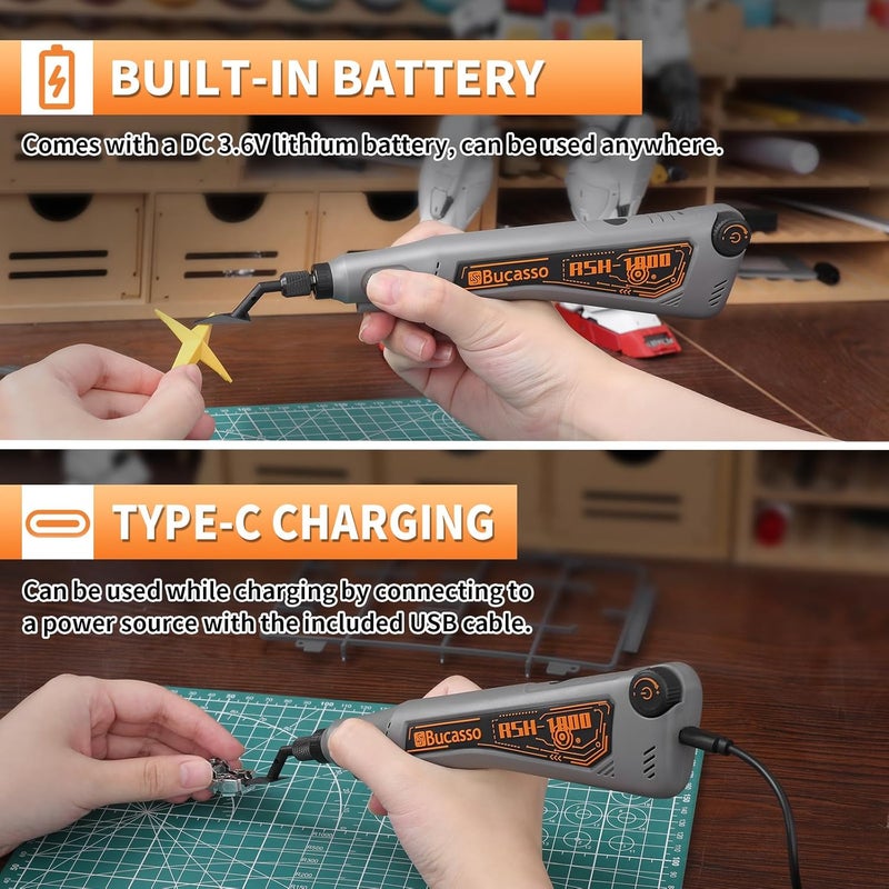 Bucasso Reciprocating Sander, Variable Speed and USB Charging with LED Light, Pen Sander With 6pcs Sanding Head, Fit for Sanding, Polishing, Finishing, DIY Crafts (Grey) - Image 4